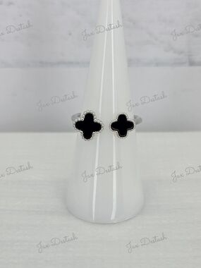 Silver Tone Double Black Clover Ring RG025